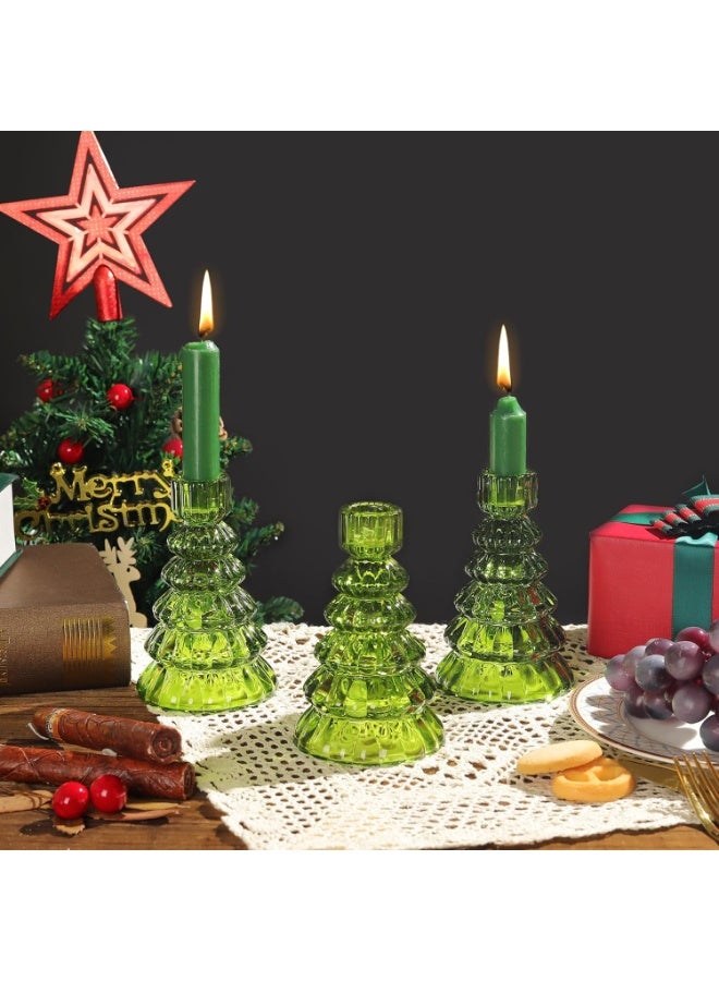 Christmas Tree Candle Holders: Set of 3 Glass Candlestick Holders Green Candle Sticks Holder Modern Christmas Candle Holder for Taper Candles Home Decor Table Centrepiece Decorations Gift - Image 2